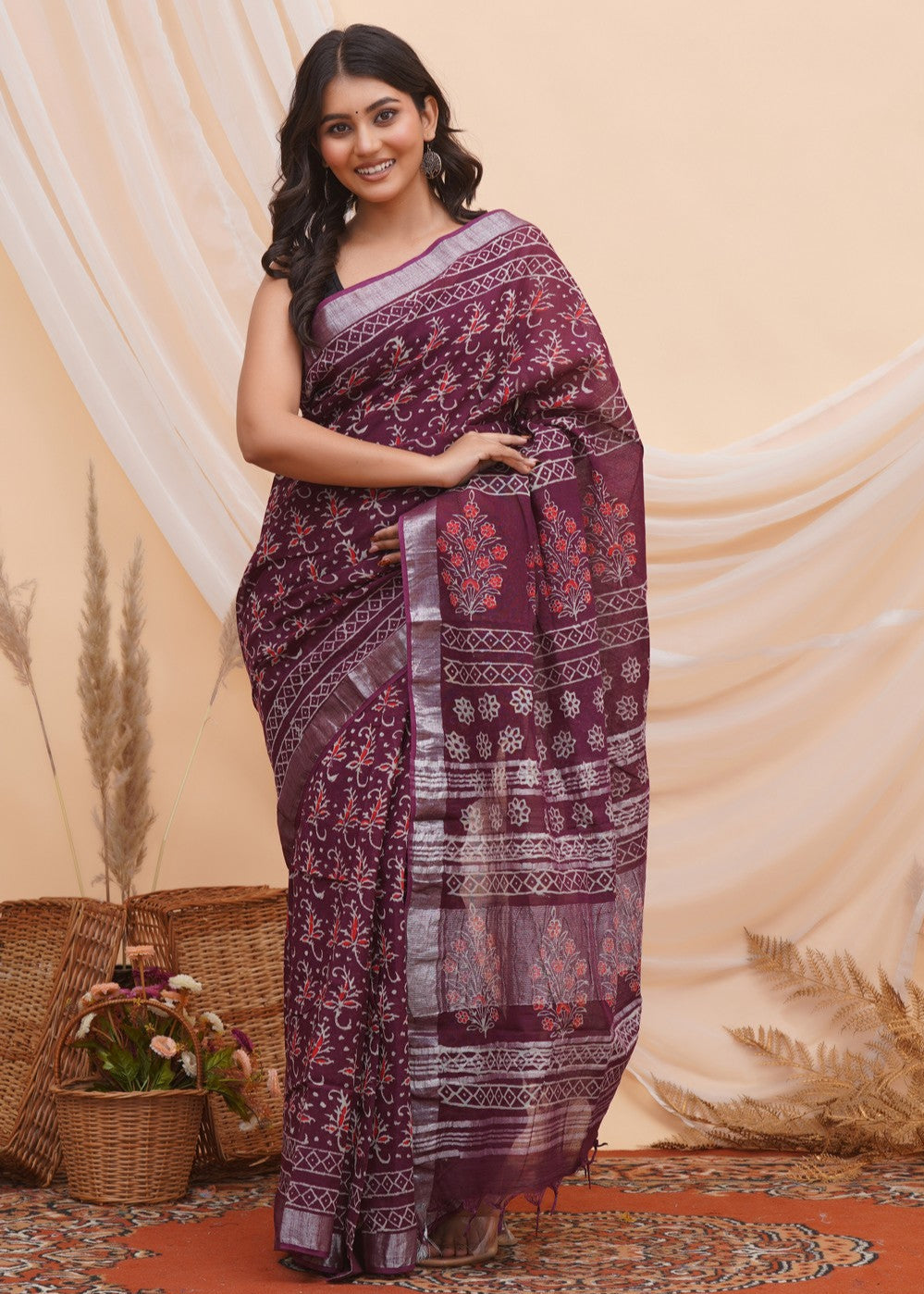 Buy Purple Latest Bagru Block Print Linen Saree