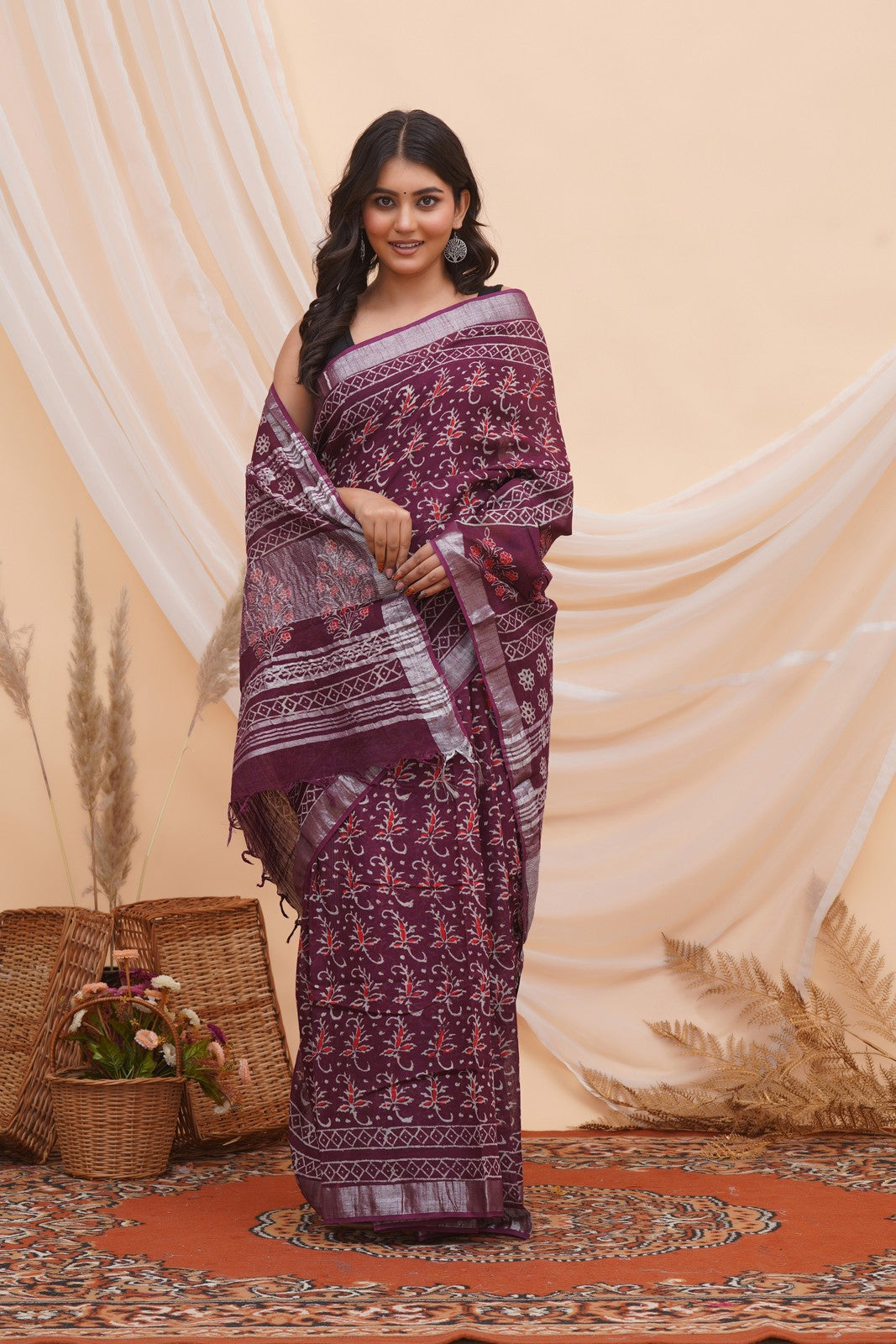 Buy Purple Latest Bagru Block Print Linen Saree