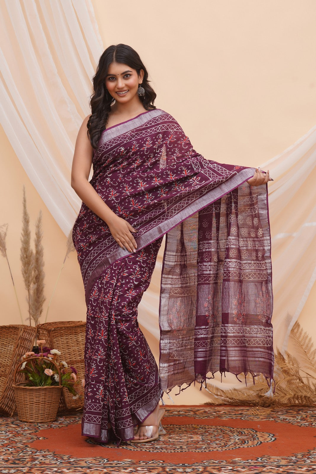 Buy Purple Latest Bagru Block Print Linen Saree