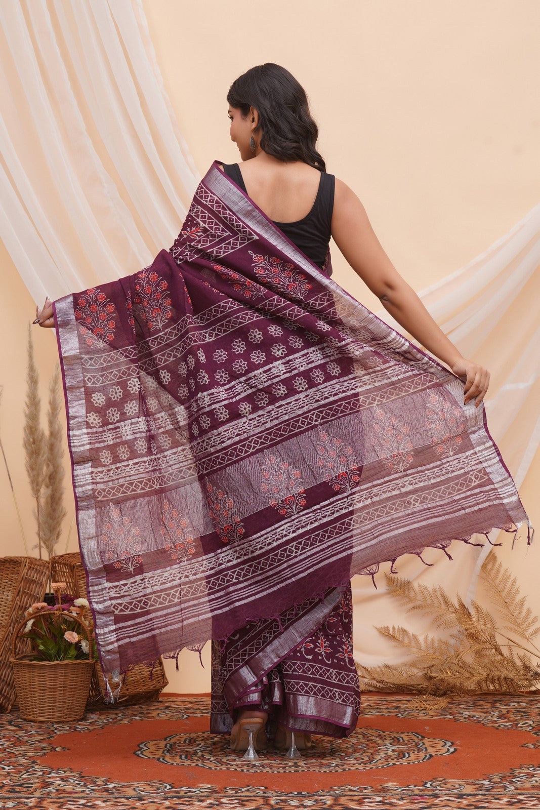 Buy Purple Latest Bagru Block Print Linen Saree