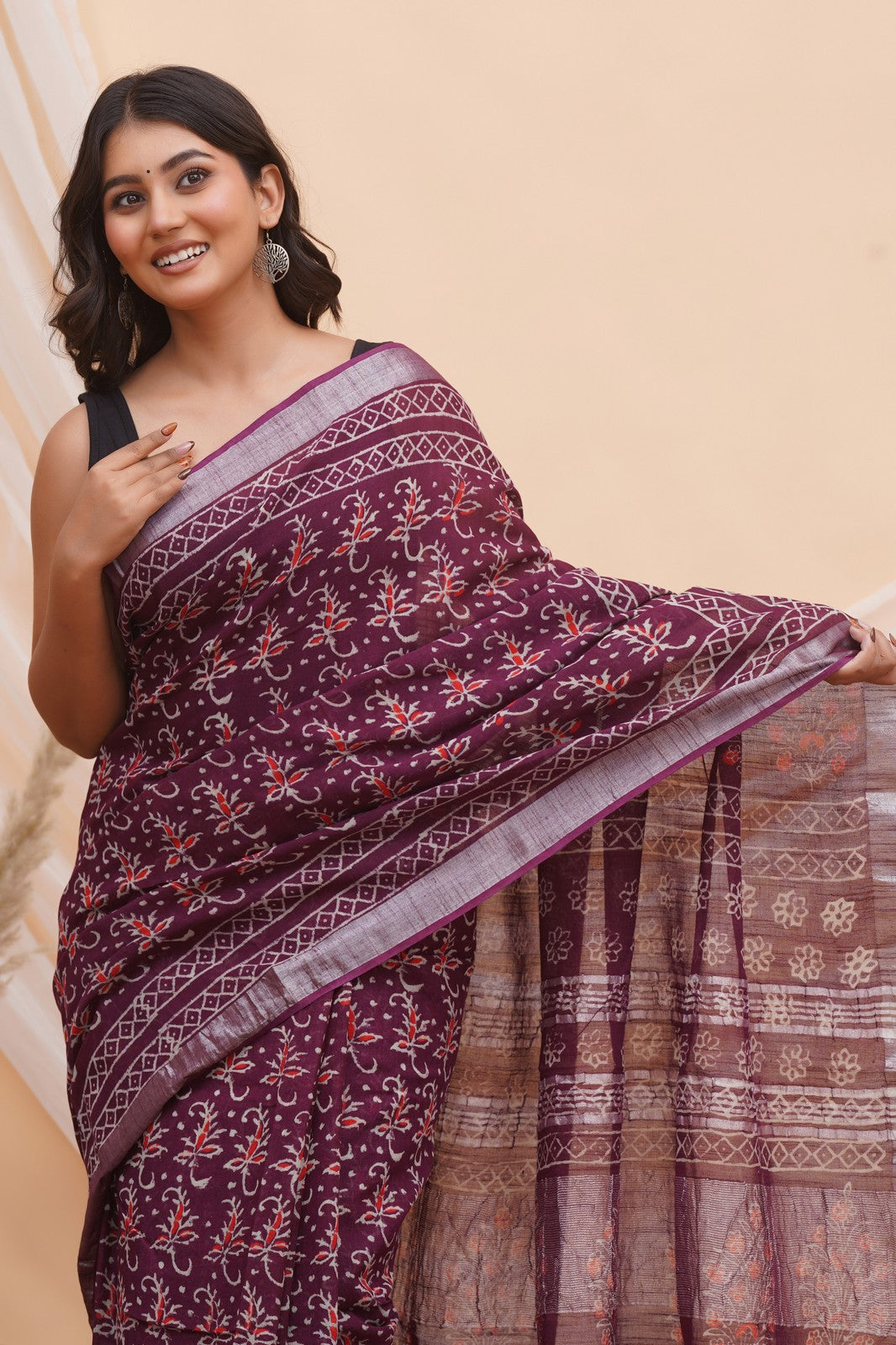 Buy Purple Latest Bagru Block Print Linen Saree