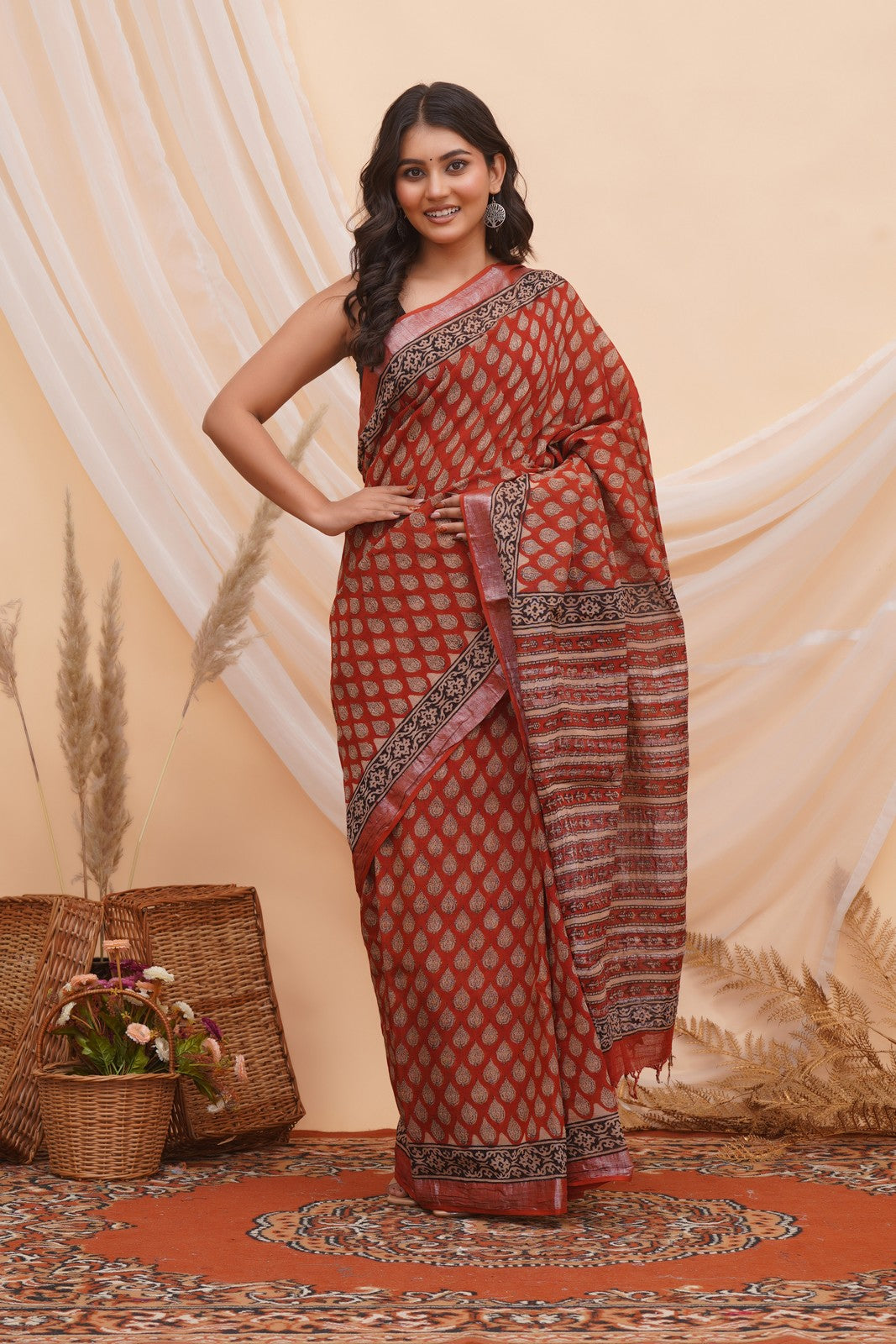 Buy Red Latest Bagru Block Print Linen Saree