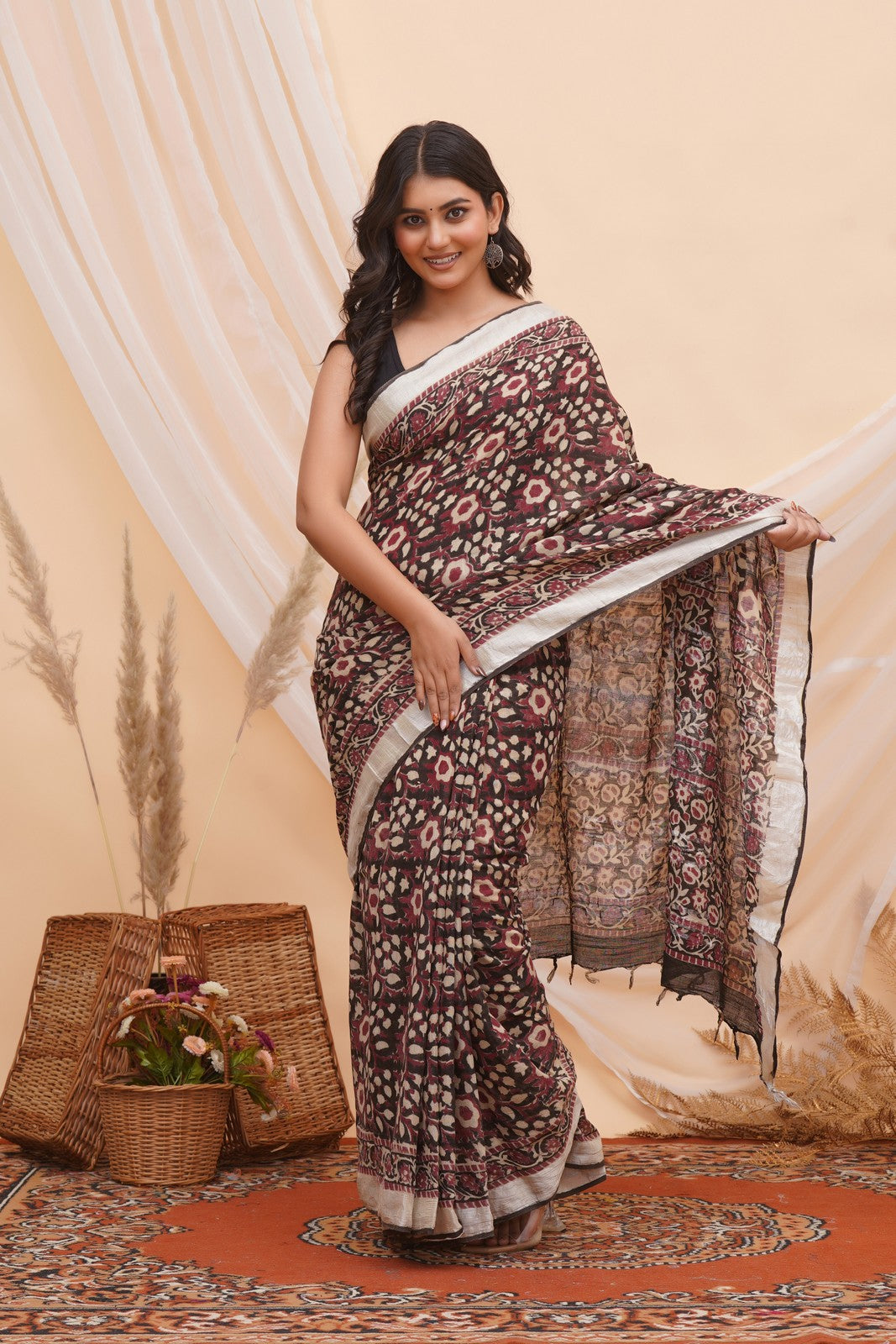 Buy Multi Latest Bagru Block Print Linen Saree