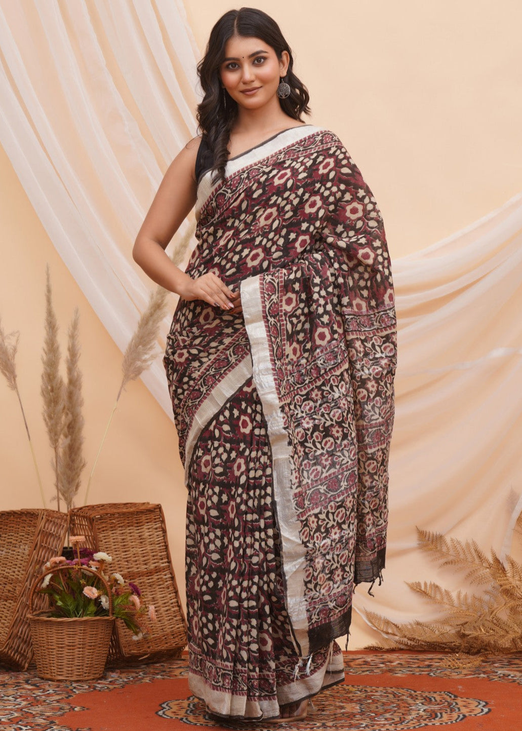 Buy Multi Latest Bagru Block Print Linen Saree