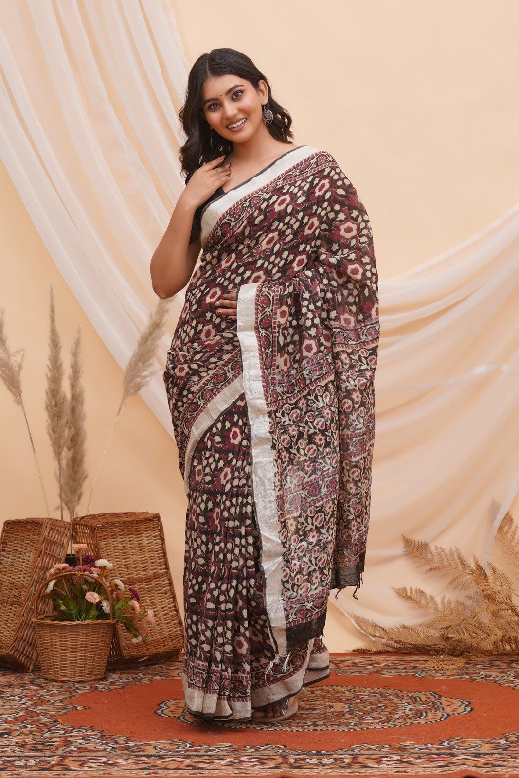 Buy Multi Latest Bagru Block Print Linen Saree