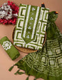 Batik Print Green Color Hand Work Unstitched Dress Material