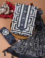 Batik Print Black and White Color Hand Work Unstitched Dress Material