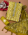 Hand Block Batik Print Mehendi Green Unstitched Suit Set