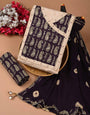 Handblock Print Navy Blue and White Angrakha Pattern Unstiched Suit Set