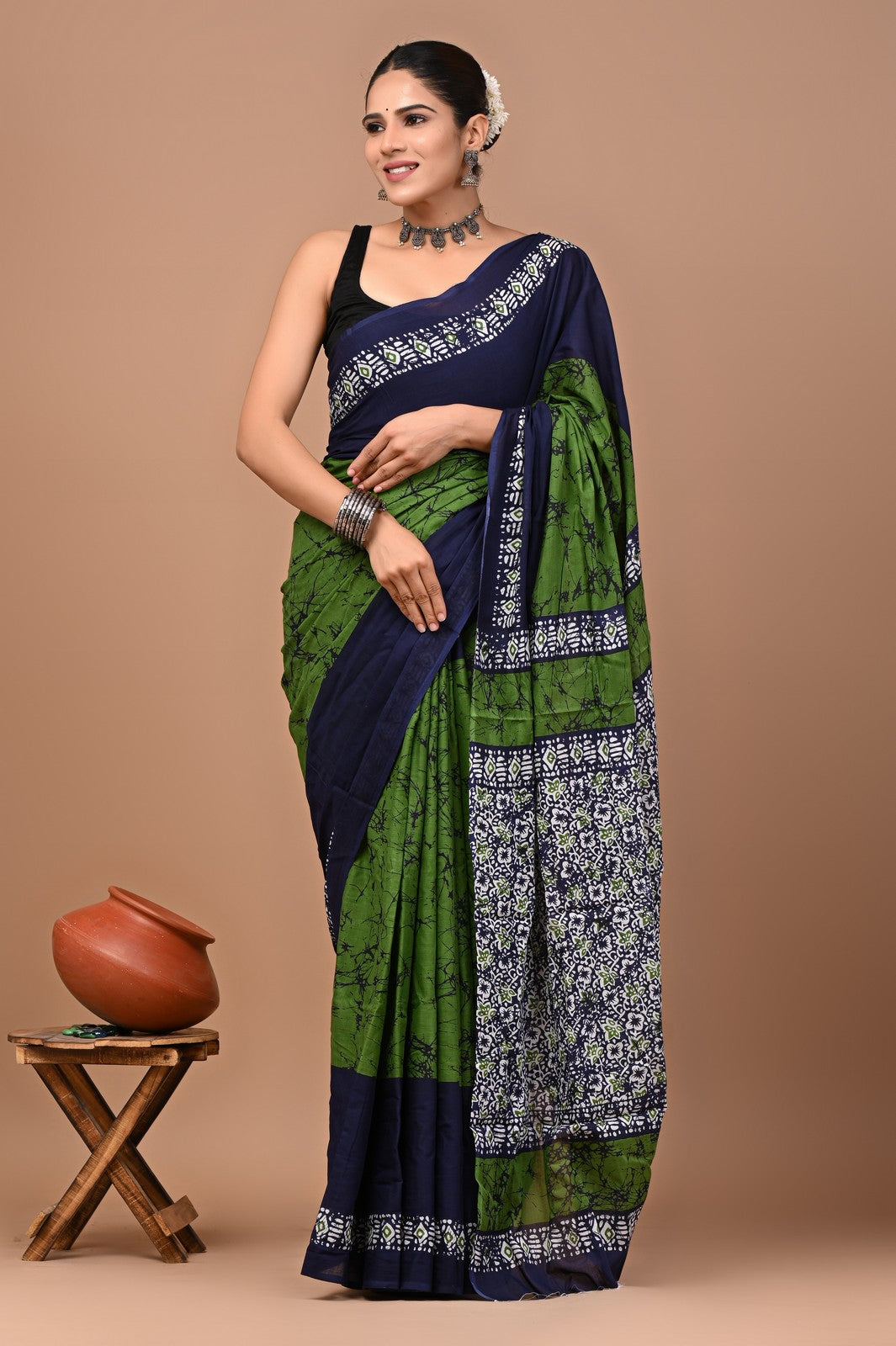 Buy Green Bagru Block Print Cotton Saree Online