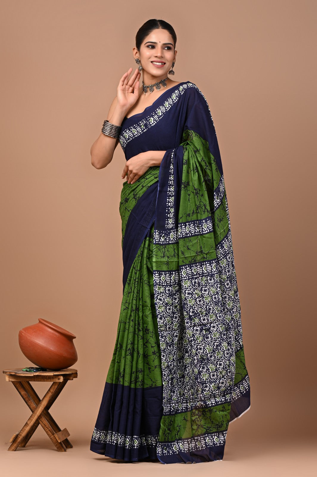 Buy Green Bagru Block Print Cotton Saree Online
