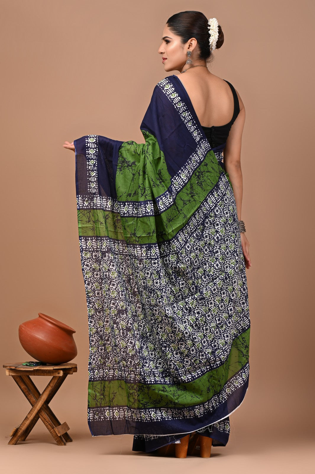 Buy Green Bagru Block Print Cotton Saree Online