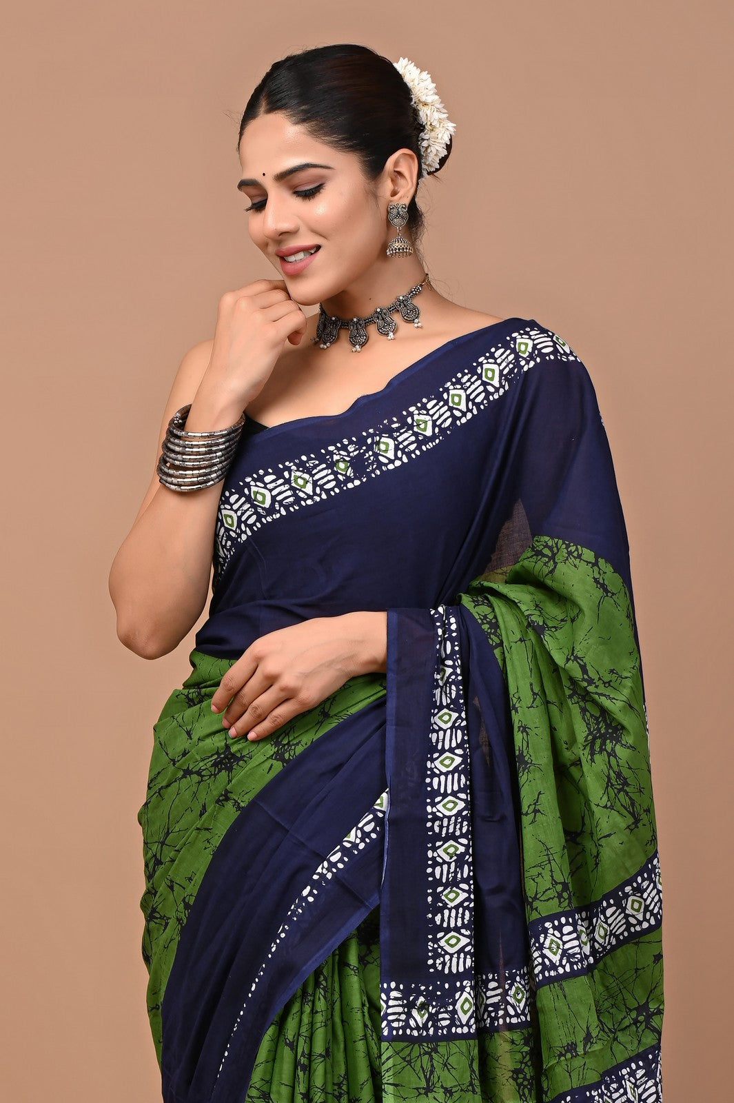Buy Green Bagru Block Print Cotton Saree Online