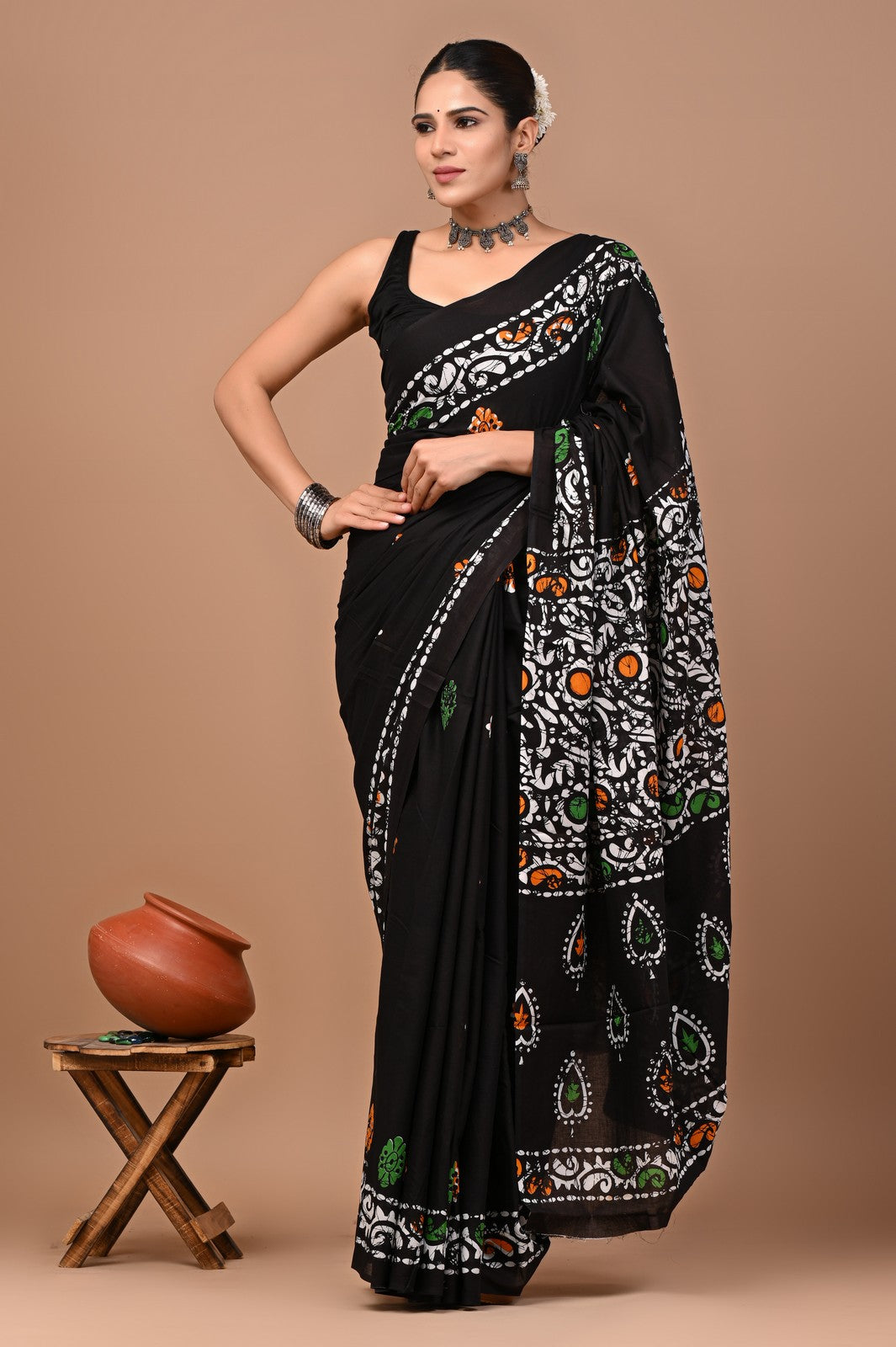 Buy Black Bagru Batik Block Print Cotton Saree Online