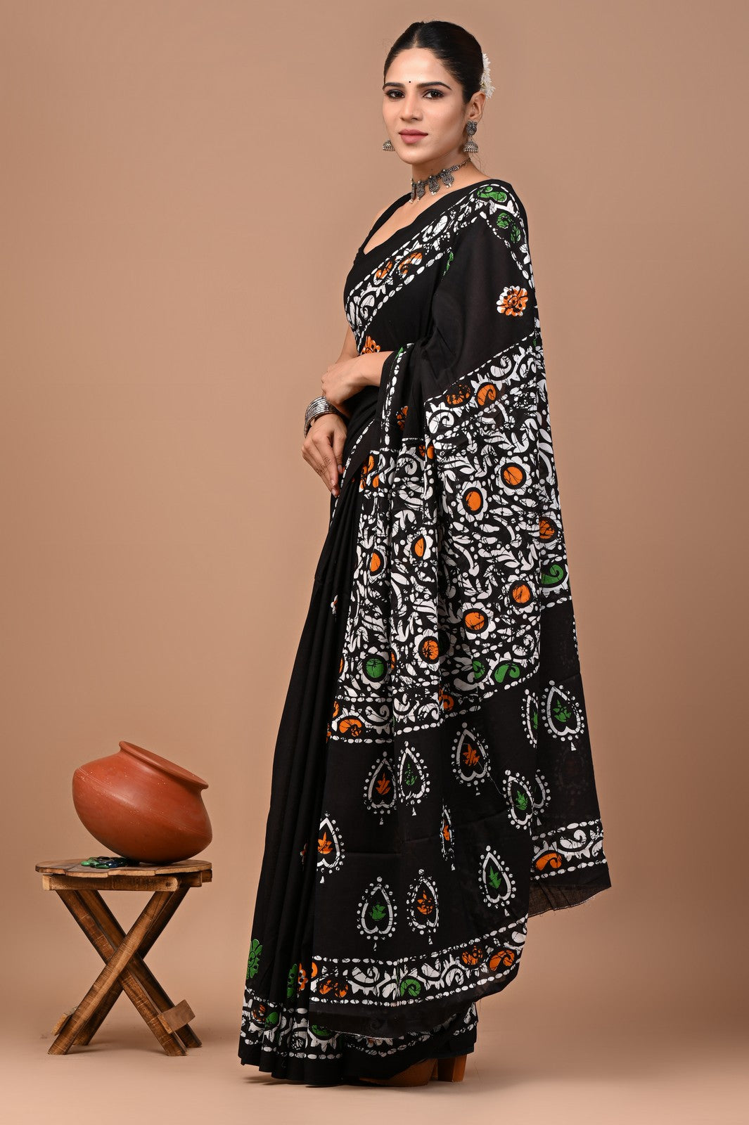 Buy Black Bagru Batik Block Print Cotton Saree Online