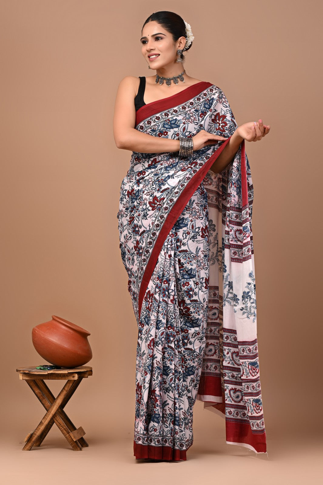Buy Off White Bagru Block Print Cotton Saree Online