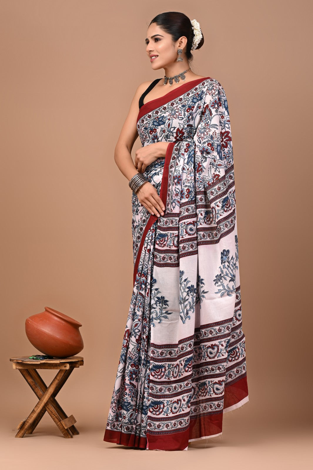 Buy Off White Bagru Block Print Cotton Saree Online