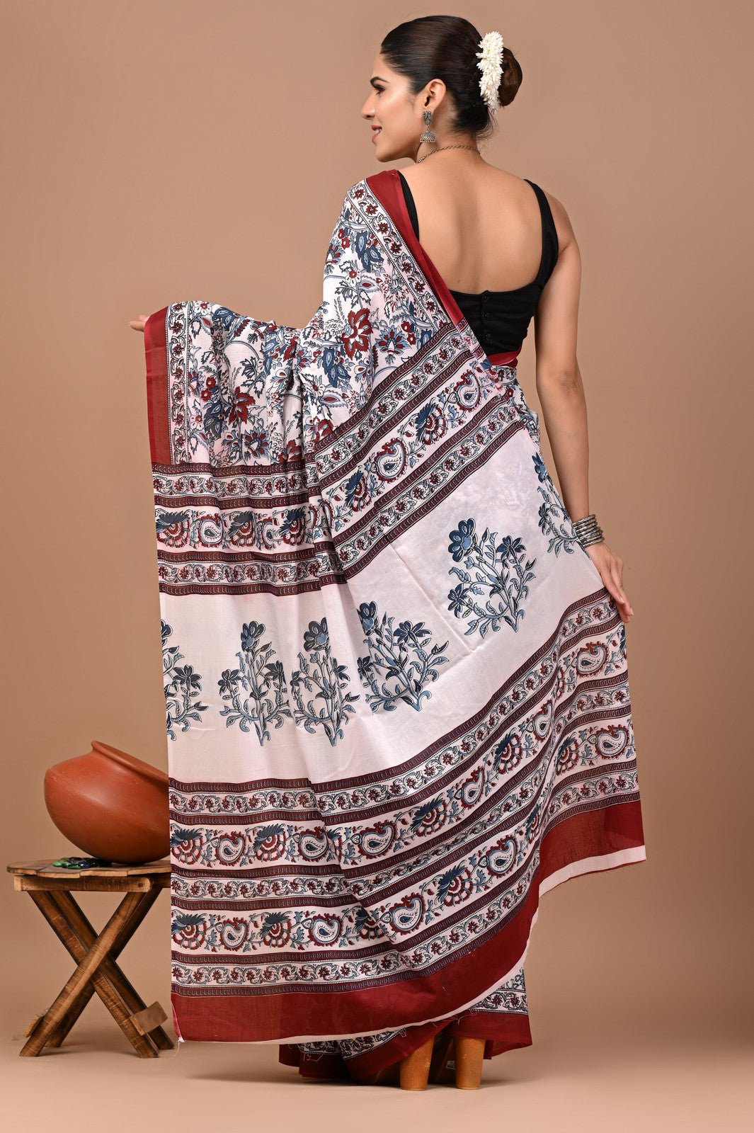 Buy Off White Bagru Block Print Cotton Saree Online
