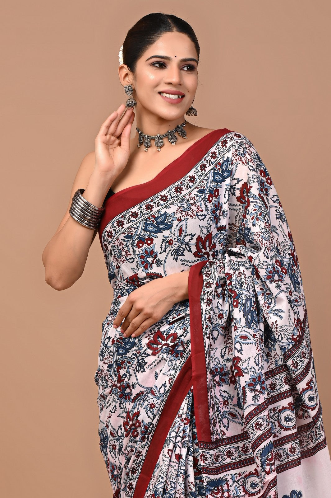 Buy Off White Bagru Block Print Cotton Saree Online