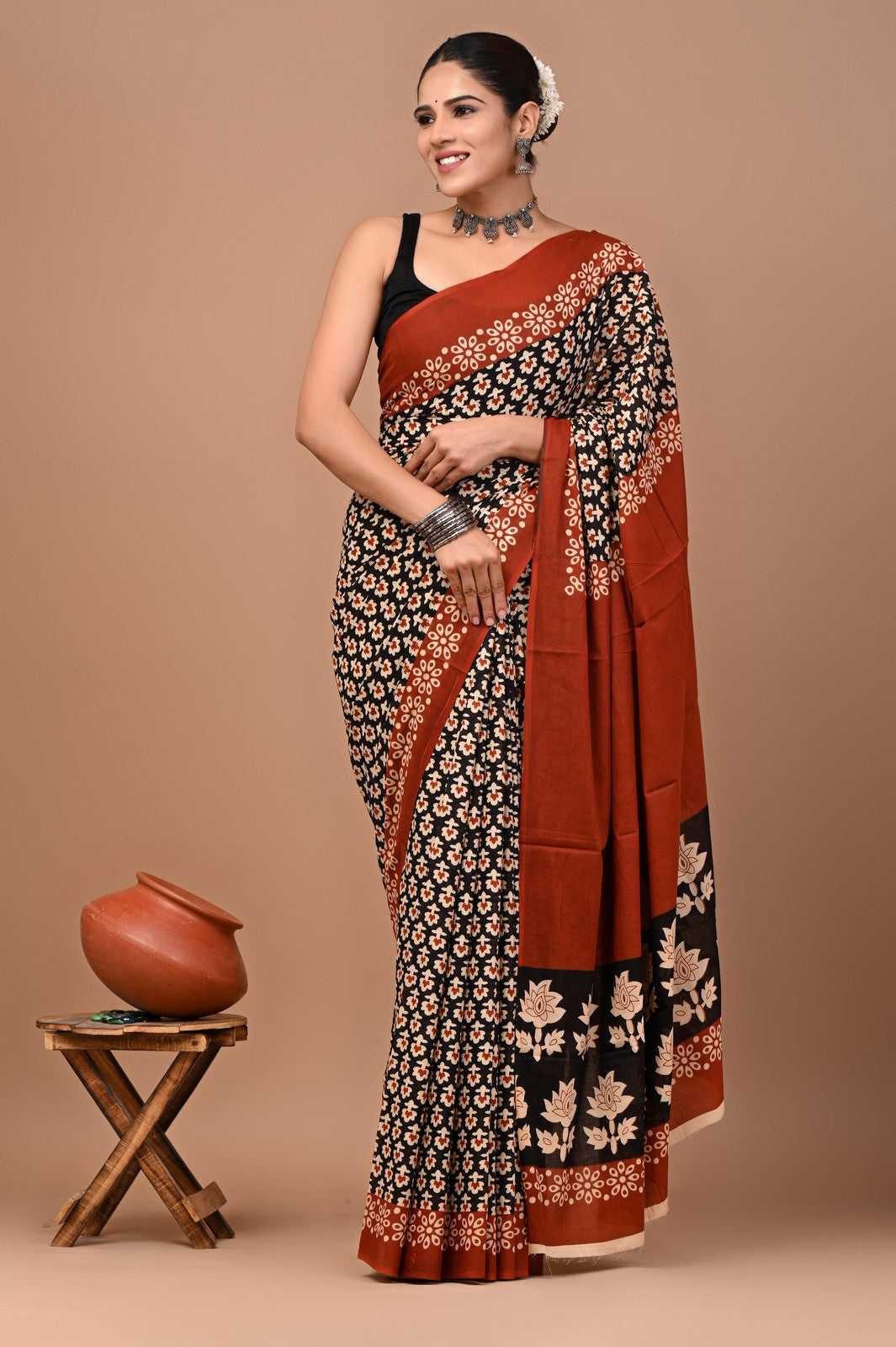Black Brown Bagru Ajrak Block Print Mul Cotton Saree Online