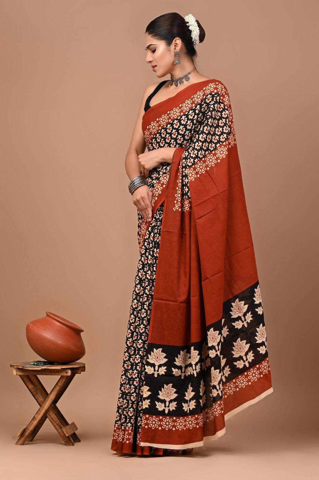 Black Brown Bagru Ajrak Block Print Mul Cotton Saree Online