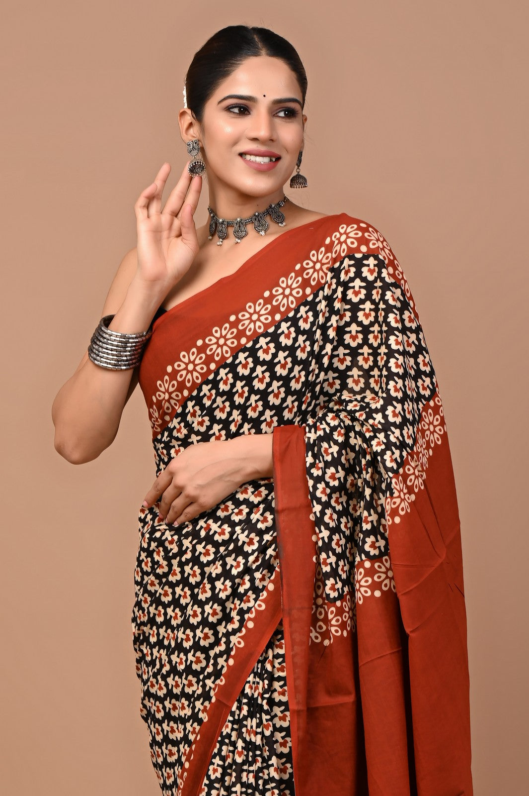 Black Brown Bagru Ajrak Block Print Mul Cotton Saree Online