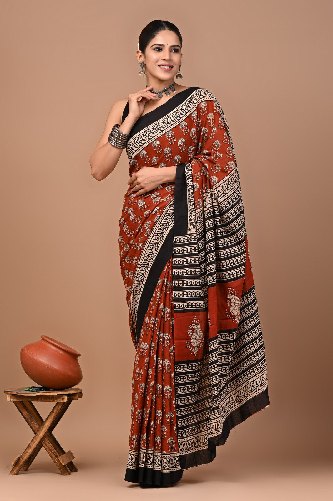 Buy Maroon Ajrak Bagru Block Print Mul Cotton Saree Online