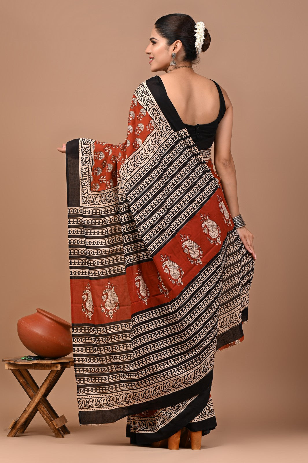 Buy Maroon Ajrak Bagru Block Print Mul Cotton Saree Online