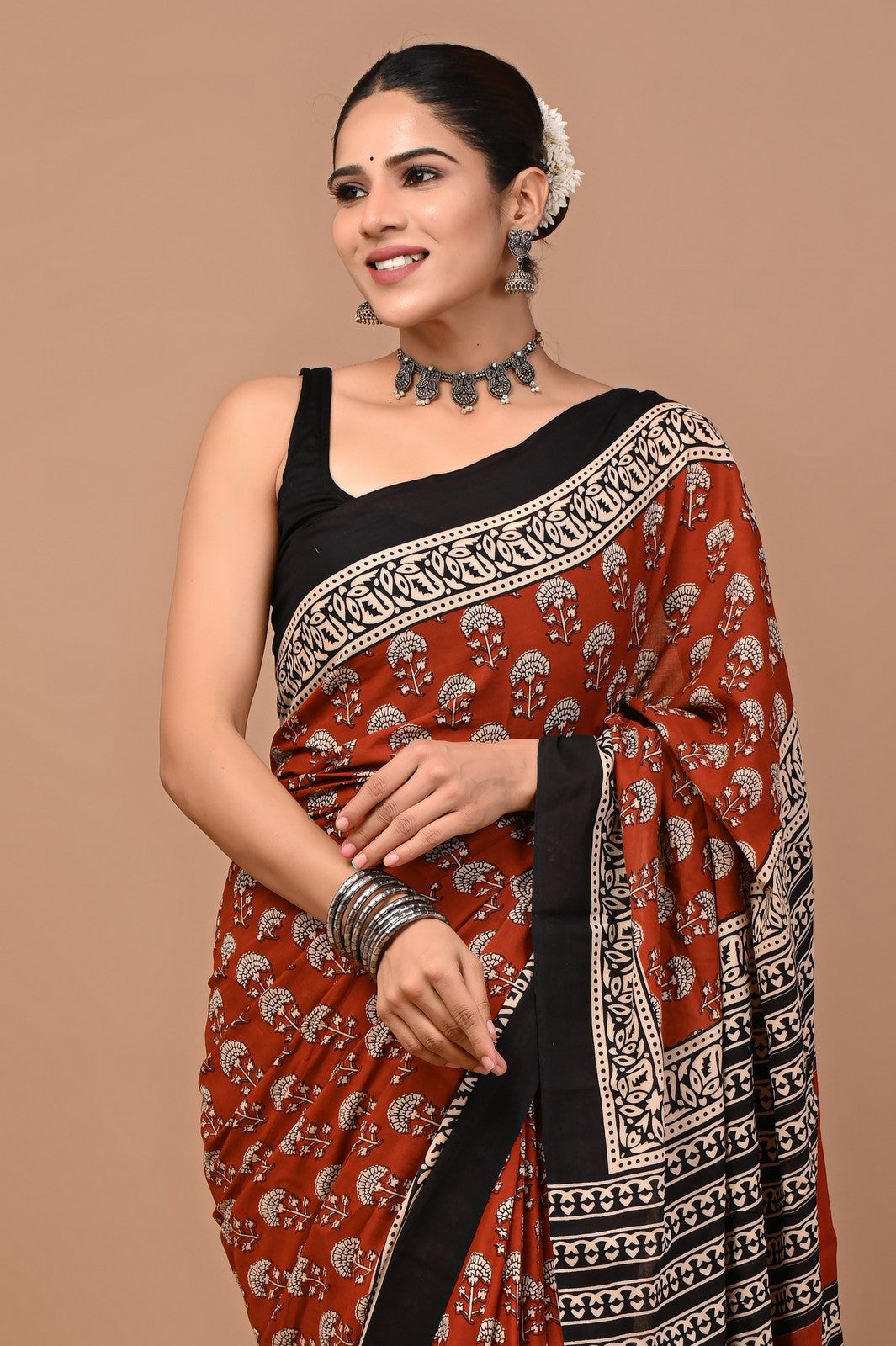 Buy Maroon Ajrak Bagru Block Print Mul Cotton Saree Online