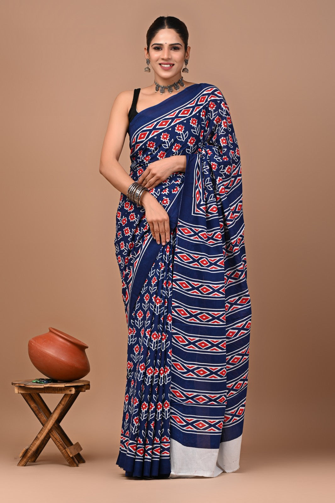 Buy Blue Jaipuri Block Print Mul Cotton Saree Online
