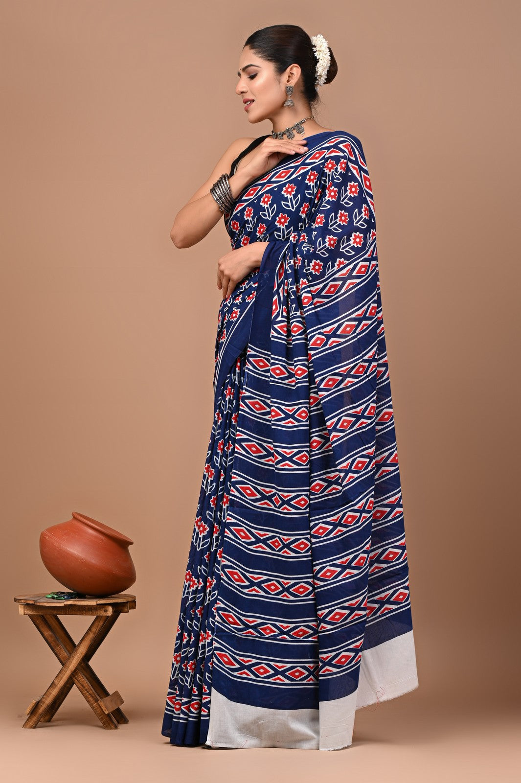 Buy Blue Jaipuri Block Print Mul Cotton Saree Online