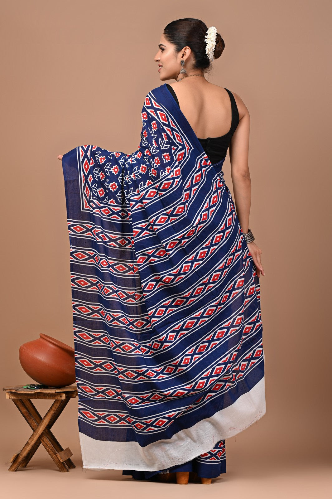 Buy Blue Jaipuri Block Print Mul Cotton Saree Online