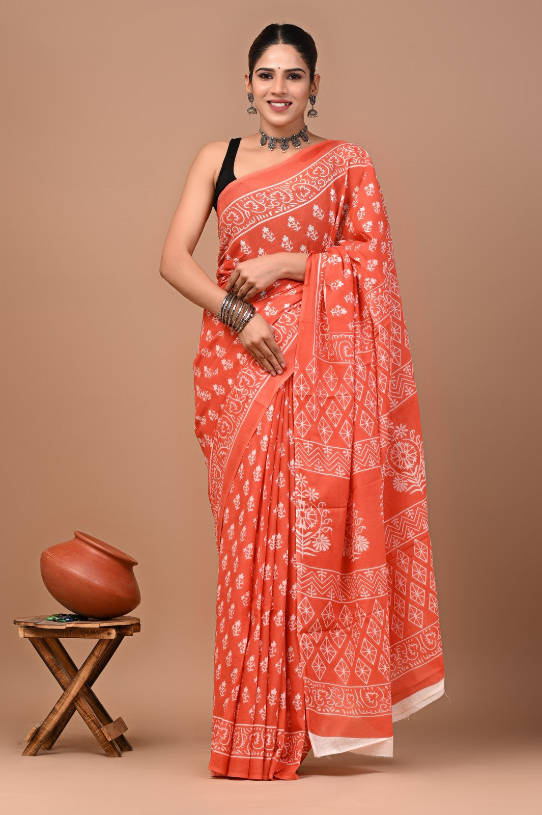 Buy Orange Sanganeri Block Print Mul Cotton Saree Online