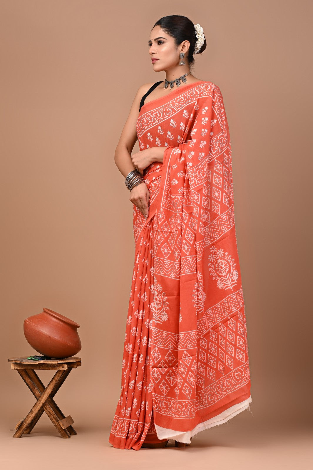 Buy Orange Sanganeri Block Print Mul Cotton Saree Online