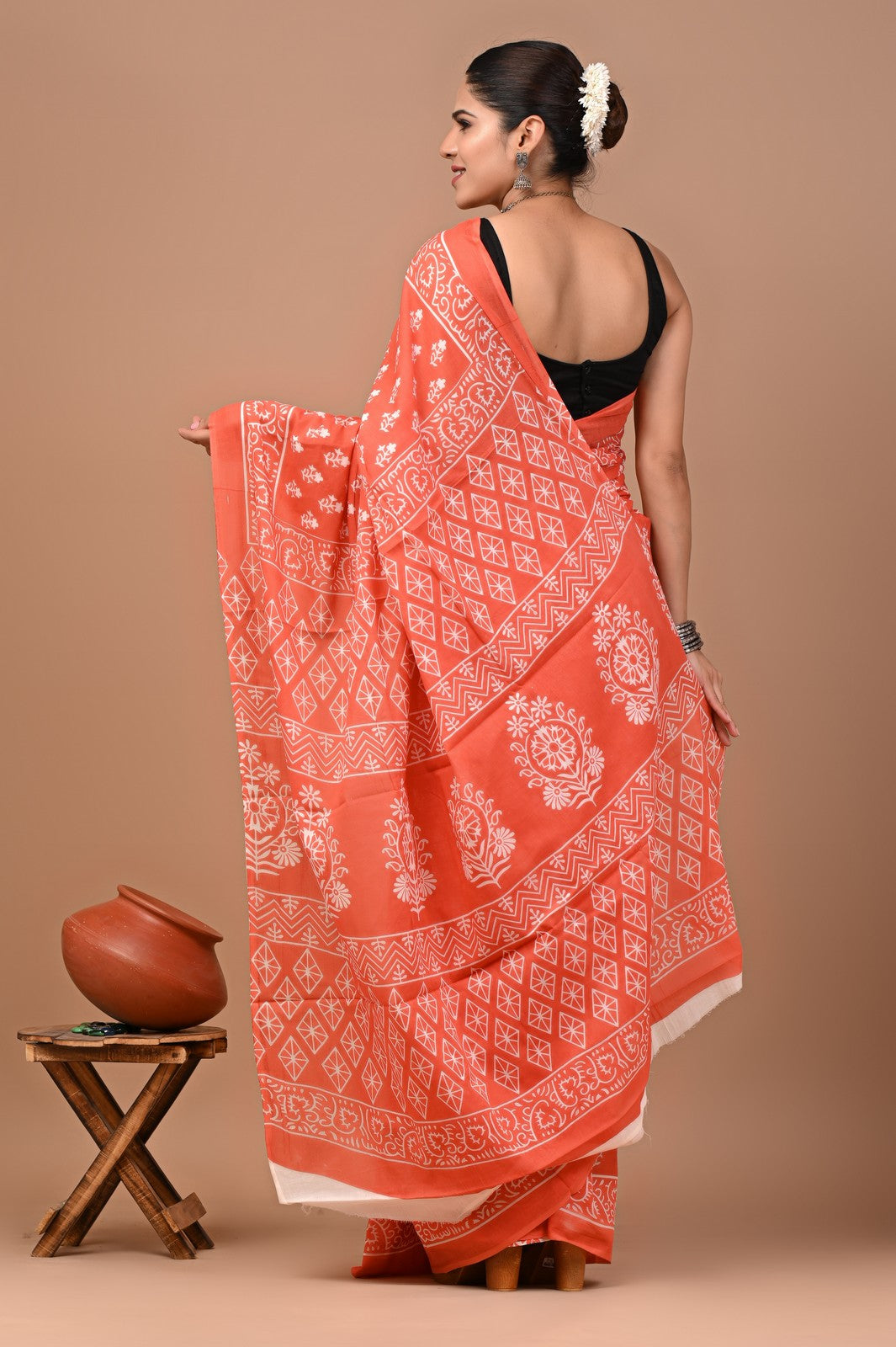 Buy Orange Sanganeri Block Print Mul Cotton Saree Online