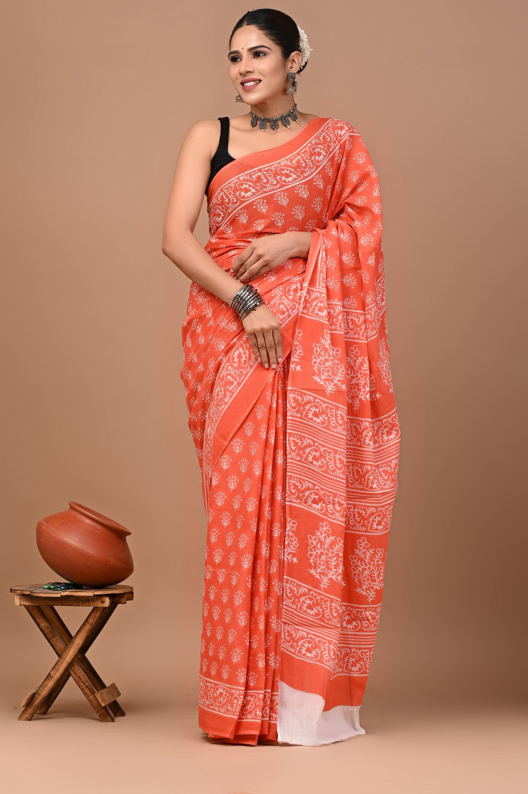 Buy Orange Sanganeri Block Print Mul Cotton Saree Online