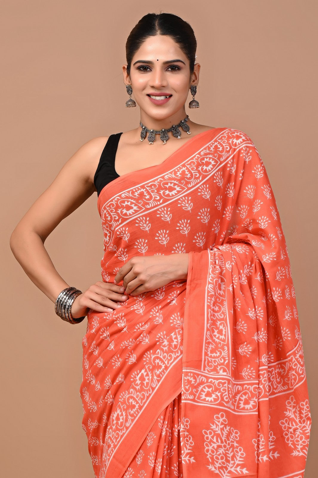 Buy Orange Sanganeri Block Print Mul Cotton Saree Online
