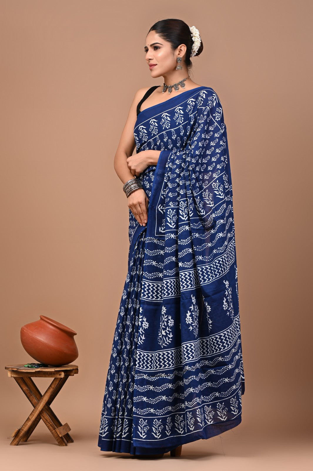 Buy Blue Sanganeri Block Print Mul Cotton Saree Online