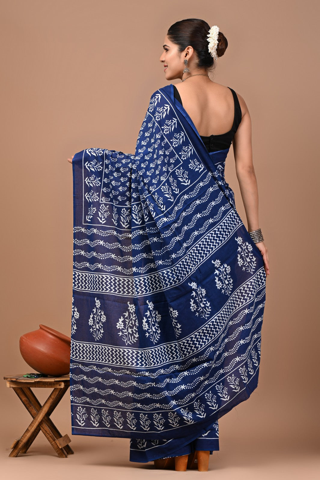 Buy Blue Sanganeri Block Print Mul Cotton Saree Online