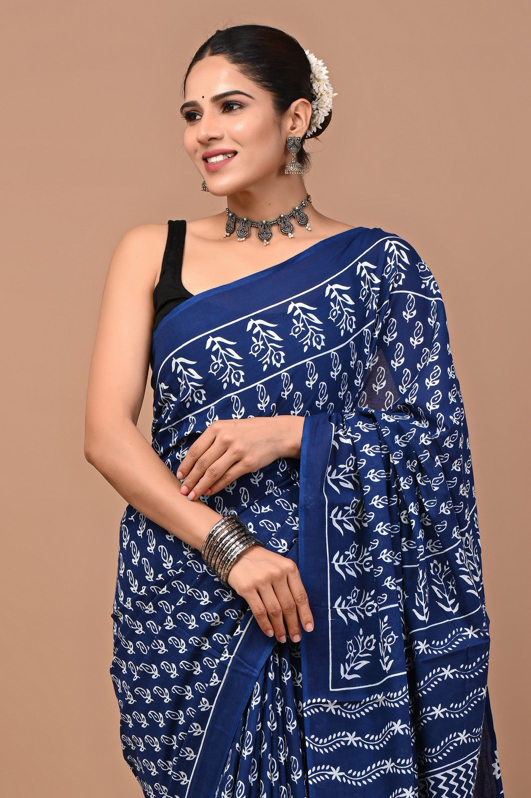Buy Blue Sanganeri Block Print Mul Cotton Saree Online