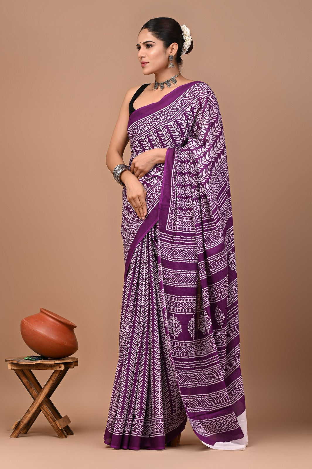 Buy Wine Jaipuri Block Print Mul Cotton Saree Online