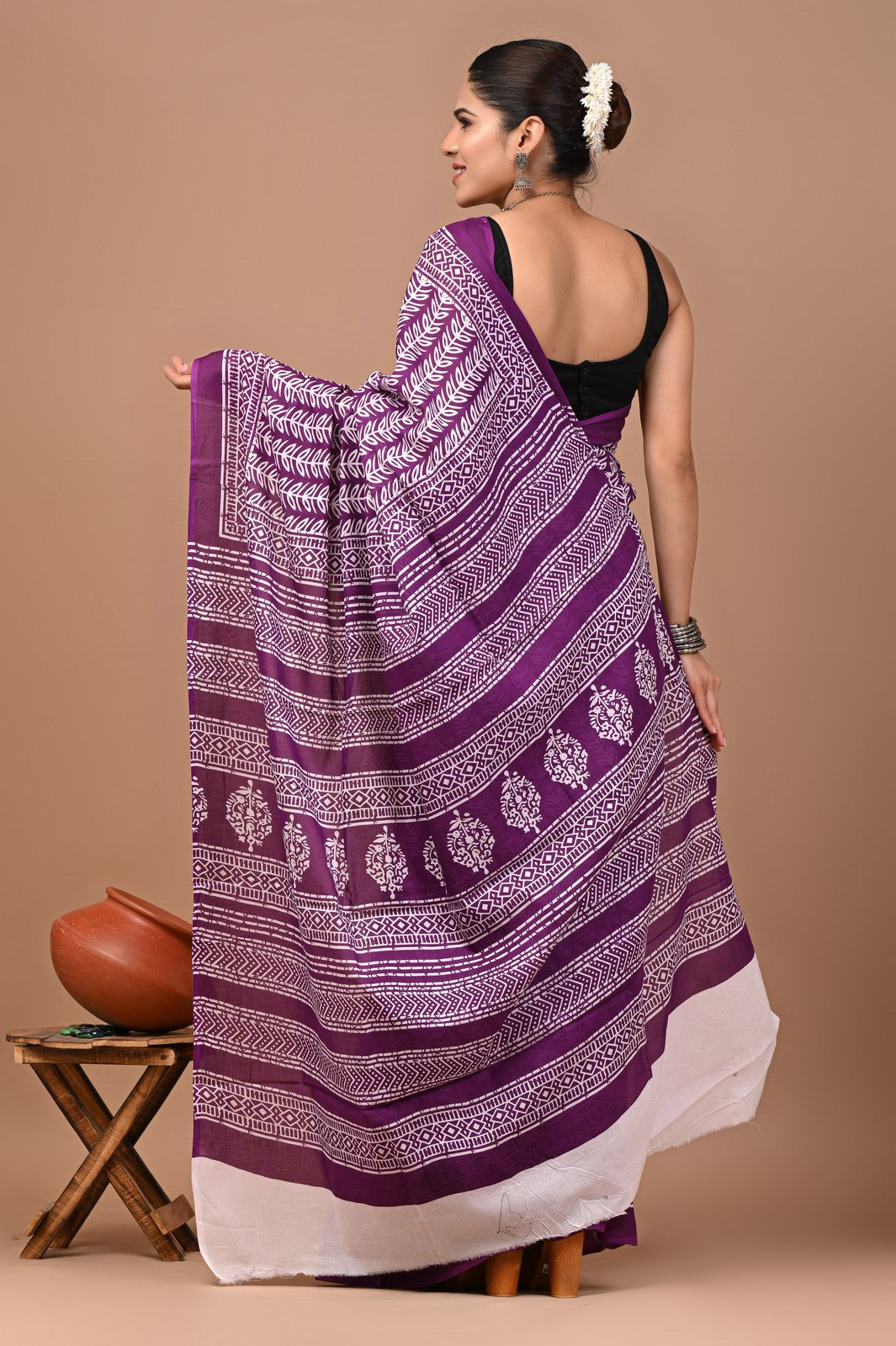 Buy Wine Jaipuri Block Print Mul Cotton Saree Online