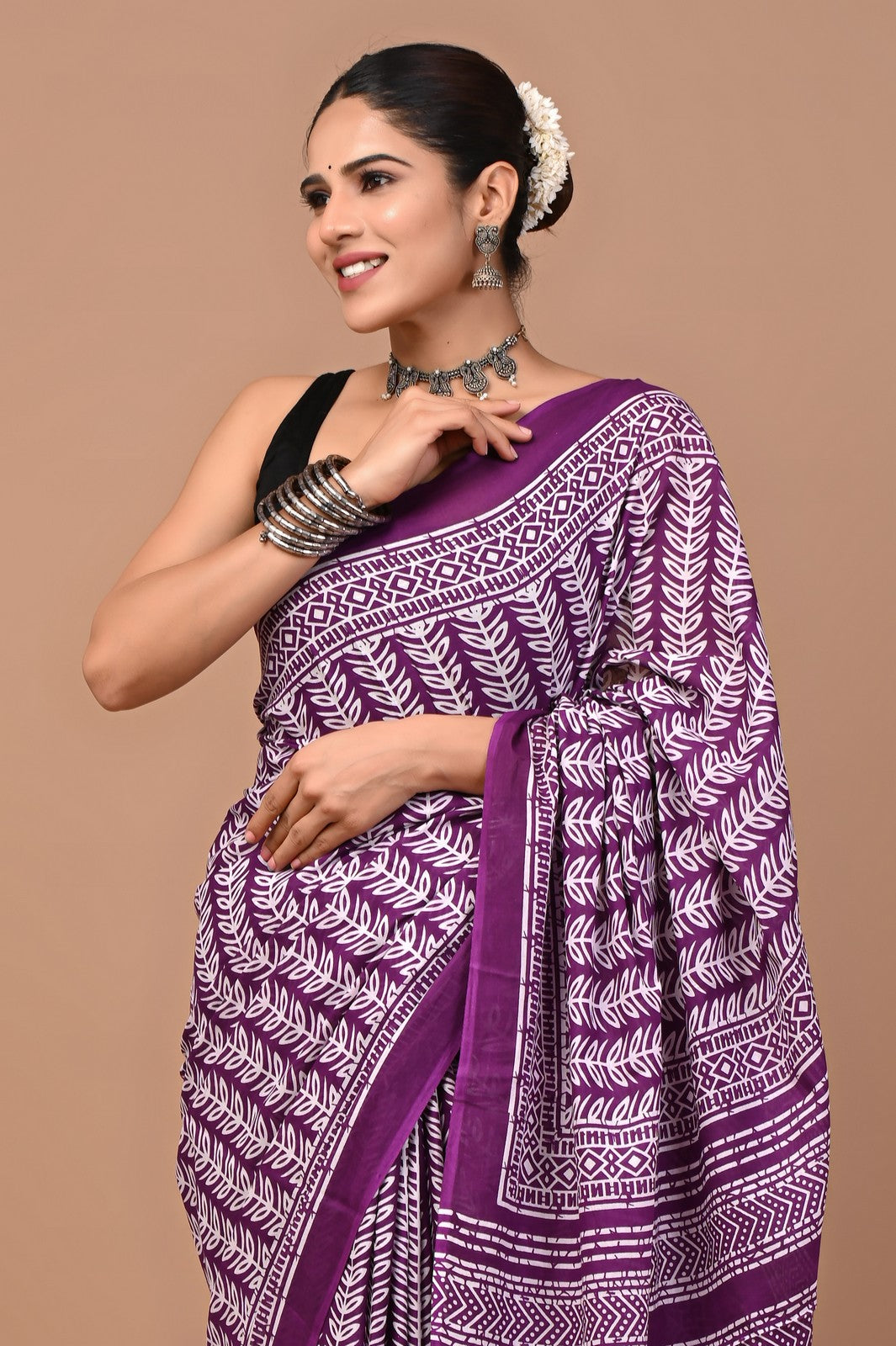 Buy Wine Jaipuri Block Print Mul Cotton Saree Online