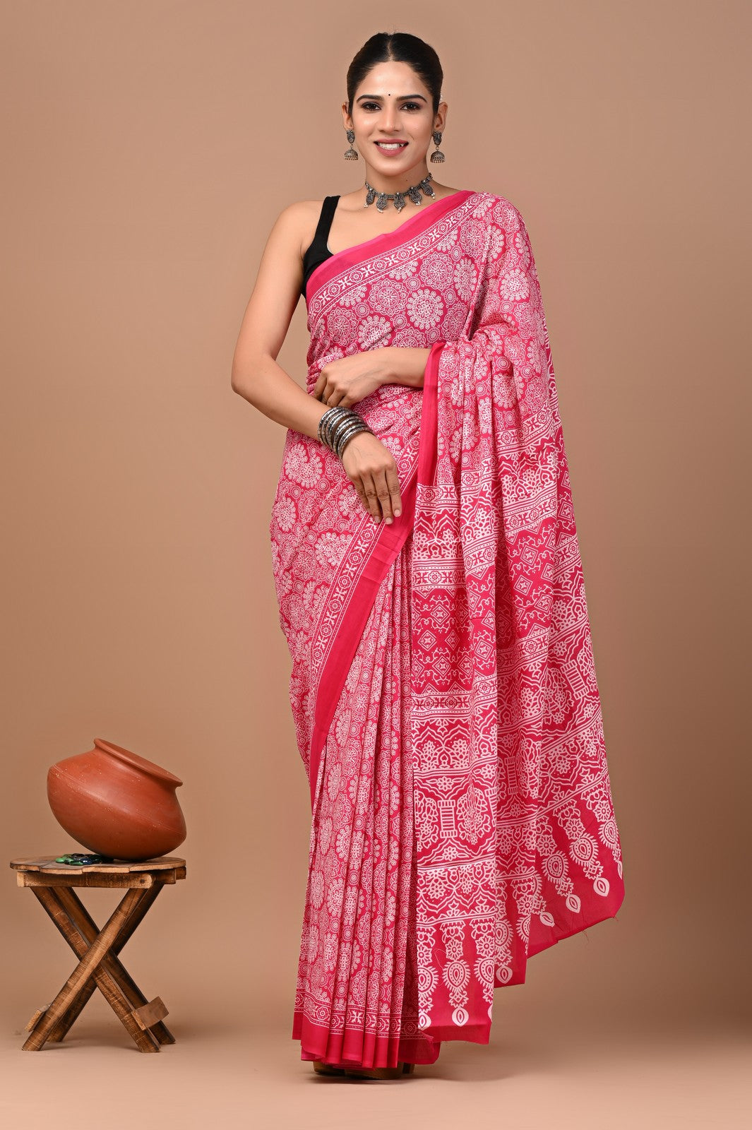 Buy Pink Sanganeri Block Print Mul Cotton Saree Online