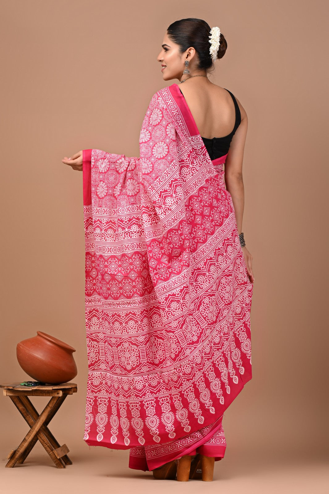 Buy Pink Sanganeri Block Print Mul Cotton Saree Online