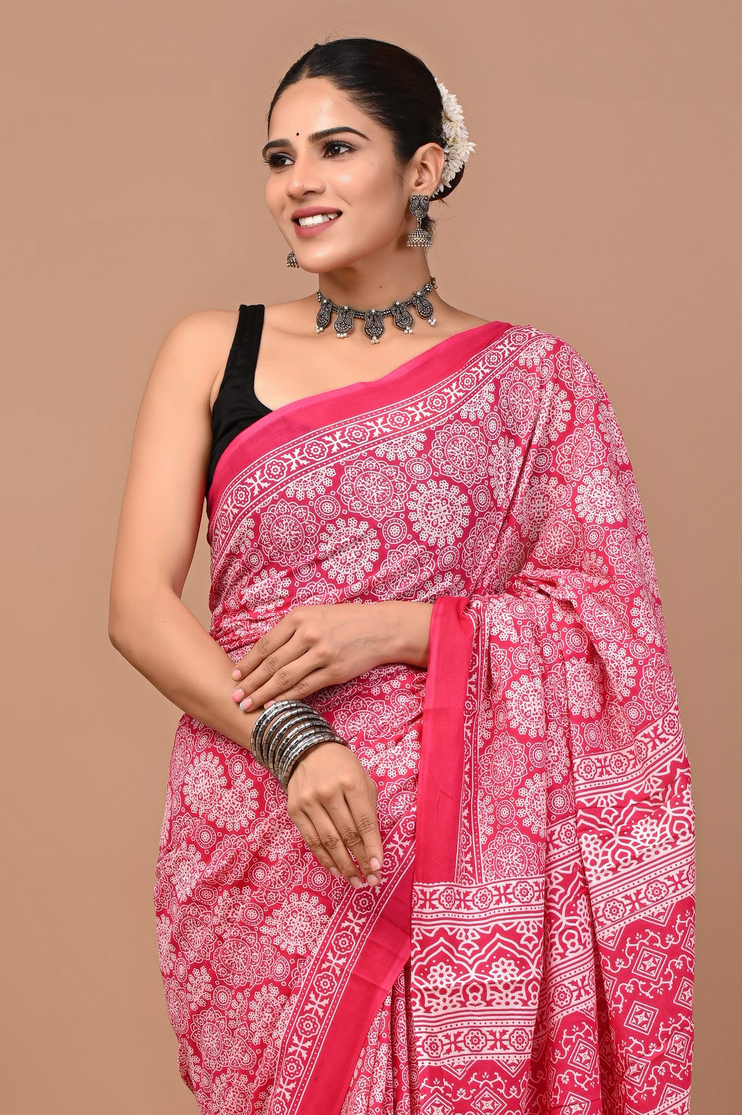 Buy Pink Sanganeri Block Print Mul Cotton Saree Online