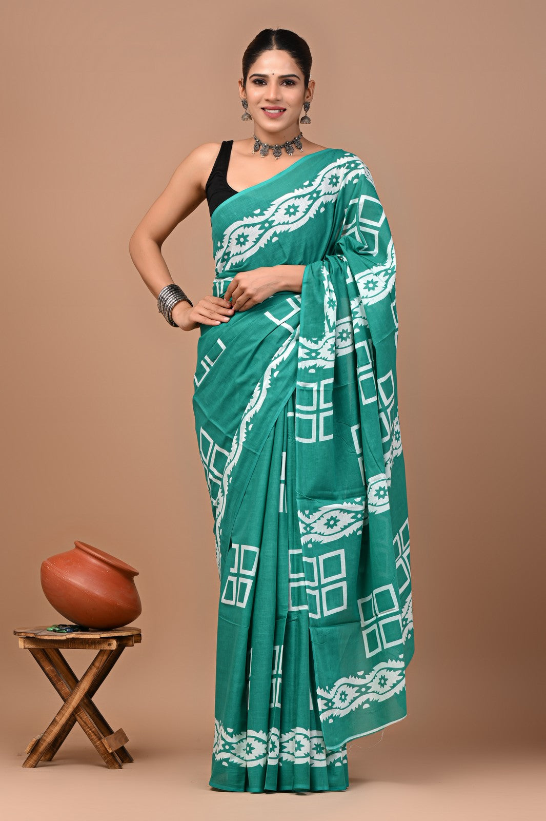 Buy Rama Sanganeri Block Print Mul Cotton Saree Online