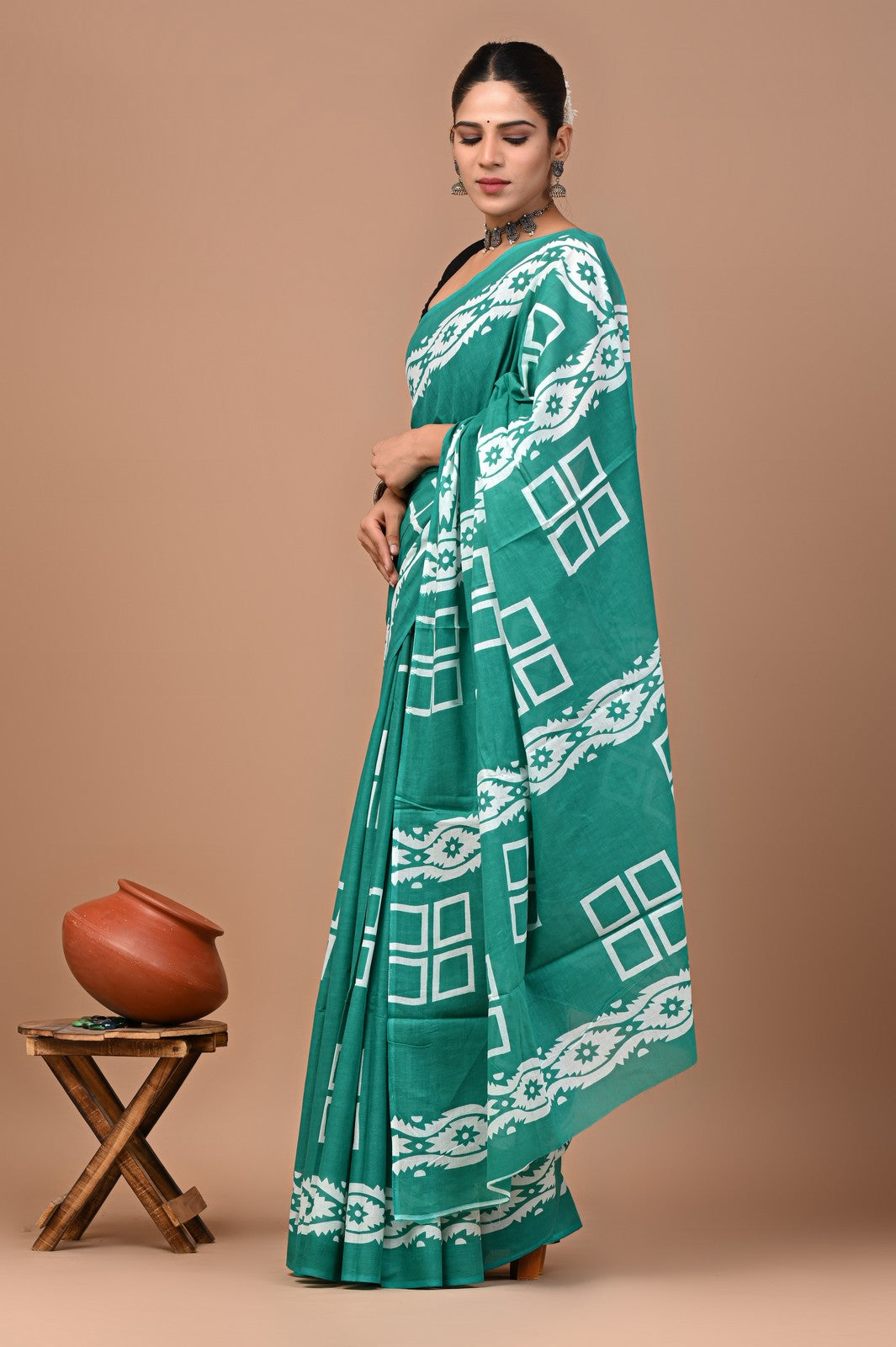 Buy Rama Sanganeri Block Print Mul Cotton Saree Online