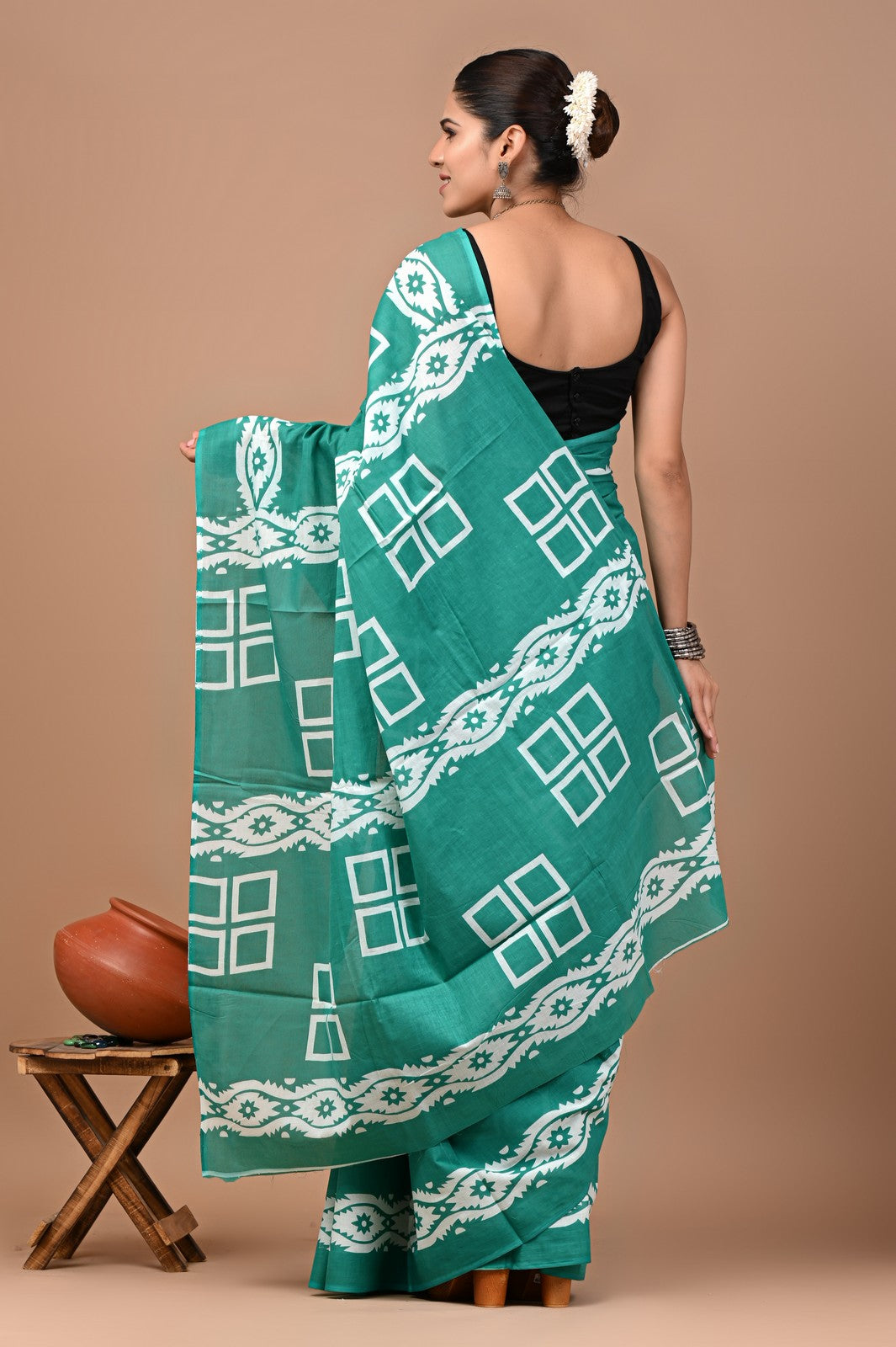 Buy Rama Sanganeri Block Print Mul Cotton Saree Online