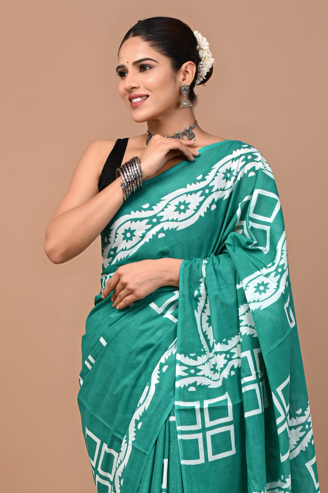 Buy Rama Sanganeri Block Print Mul Cotton Saree Online